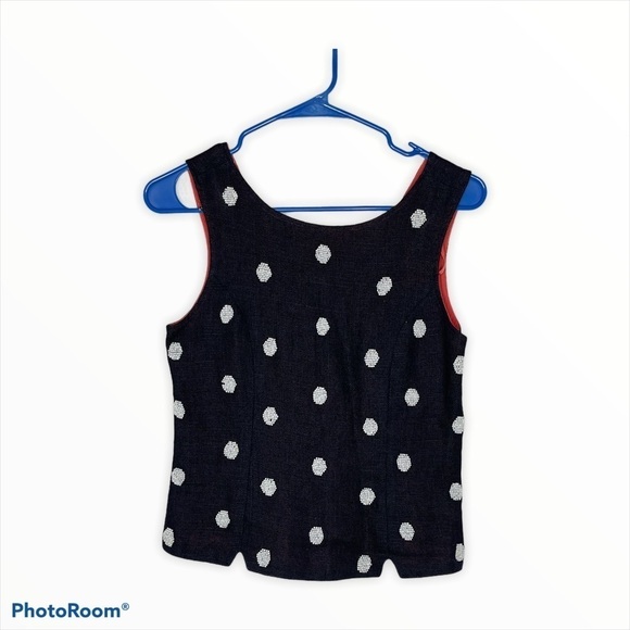 ANTHRO ODILLE Linen Navy Beaded Polka Dot Top, 0 - Picture 2 of 10